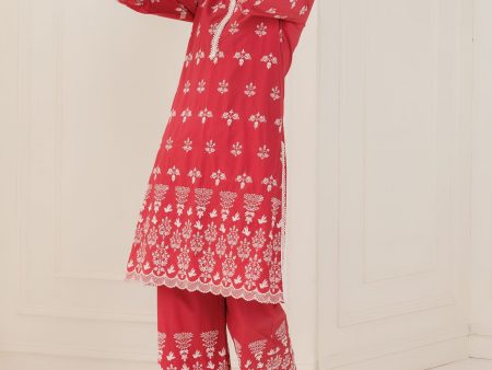 Mulmul Cotton Prini Red Kurta With Prini Red Palazzo on Sale