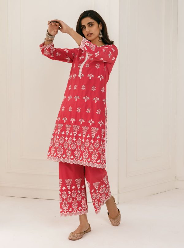 Mulmul Cotton Prini Red Kurta With Prini Red Palazzo on Sale