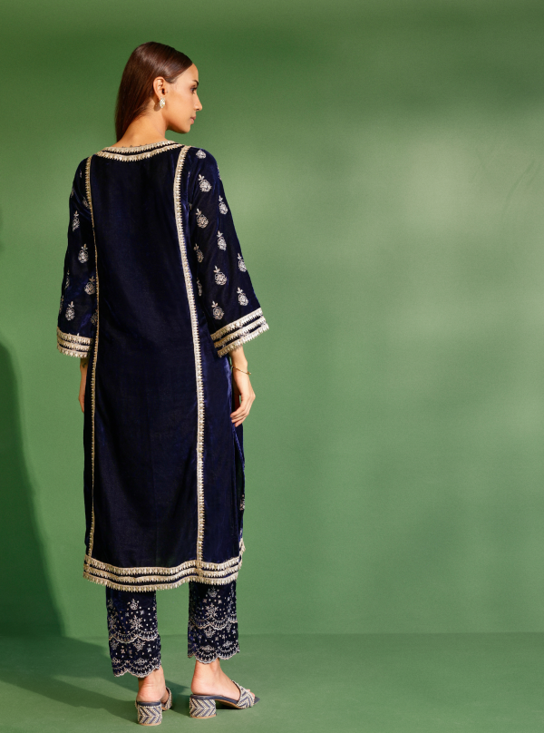 Mulmul Velvet Kumani Navy Kurta With Mulmul Velvet Kumani Navy Pant Online Hot Sale