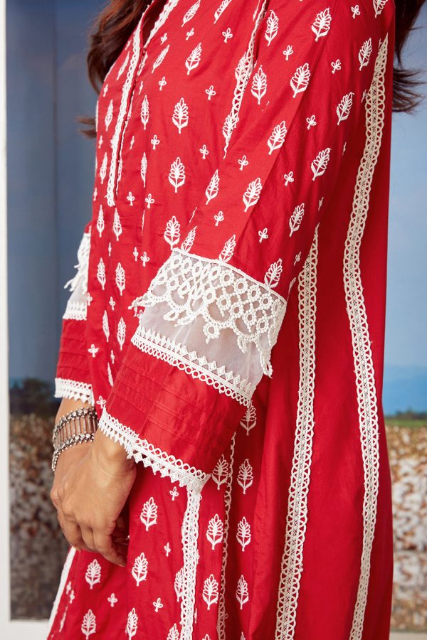 Mulmul Cotton Lakeshore Red Kurta With Two Lace White Palazzo For Discount