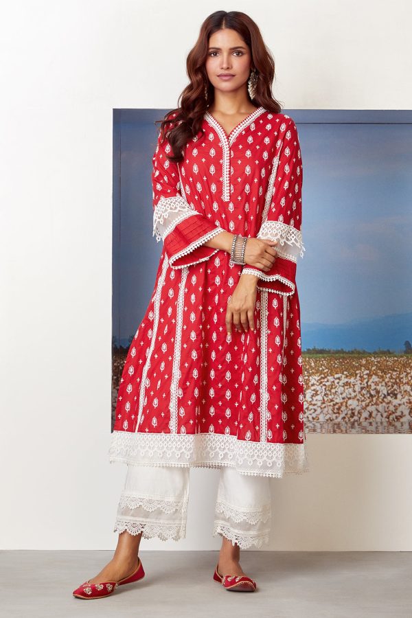 Mulmul Cotton Lakeshore Red Kurta With Two Lace White Palazzo For Discount