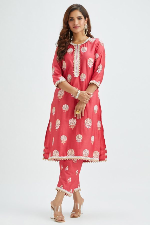 Mulmul Supima satin Amira Red Kurta With Amira Red Pant Discount