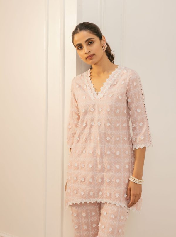 Mulmul Cotton Cove Pink Top With Cove Pink Pant Sale