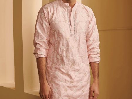 Mulmul Pima Satin Vara Pink Kurta With Mulmul Cotton Vara White Pyajama Fashion