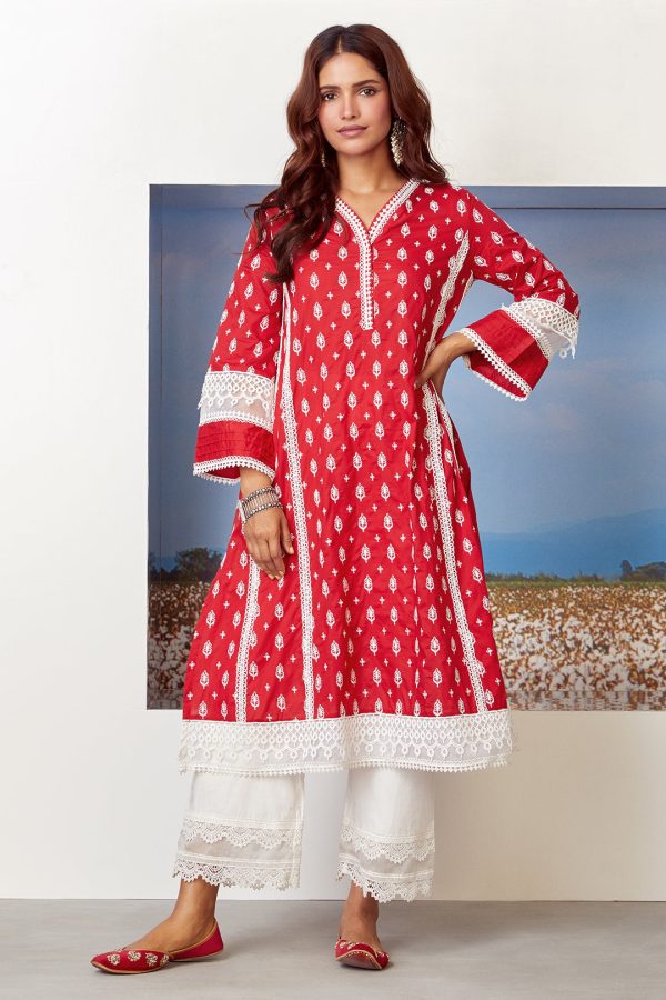 Mulmul Cotton Lakeshore Red Kurta With Two Lace White Palazzo For Discount