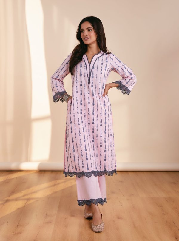 Mulmul Cotton Shantella Pink Kurta With Shantella Pink Pallazo Online Hot Sale