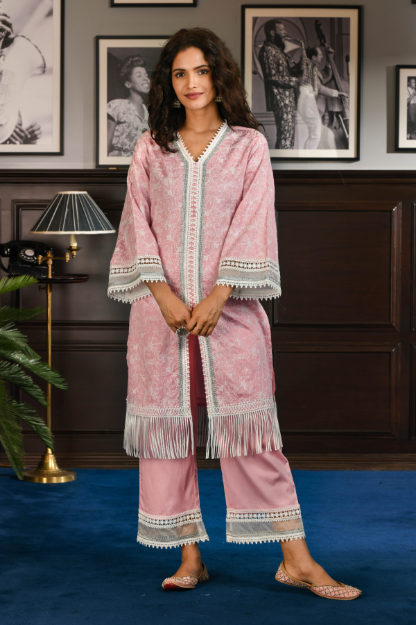 Mulmul Pima Satin Rafa Pink Kurta With Rafa Pink Pant For Sale