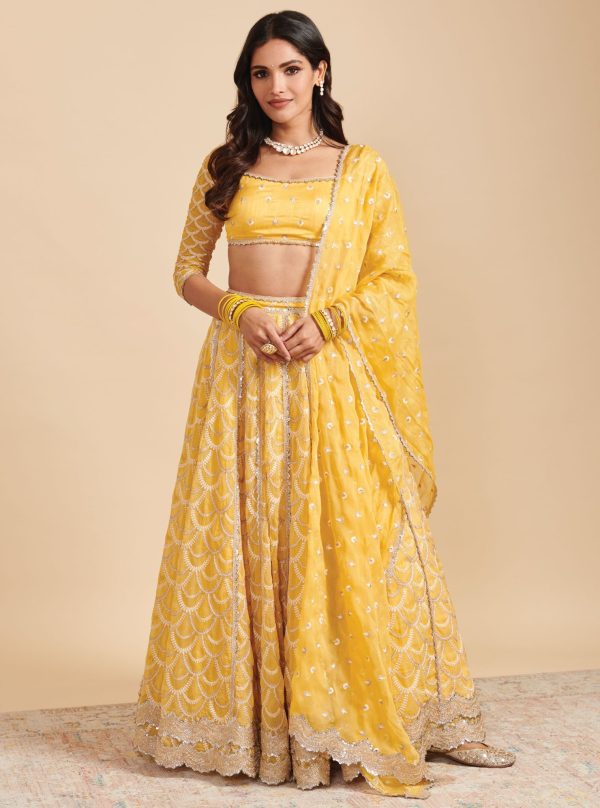 Mulmul Organza Morni Yellow Lehenga Fashion