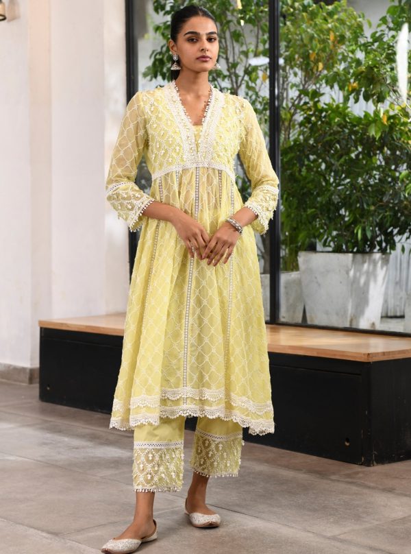 Mulmul Organza Anarkali Dori Lime Kurta With Mulmul Cotton Dori Lime Pant Discount