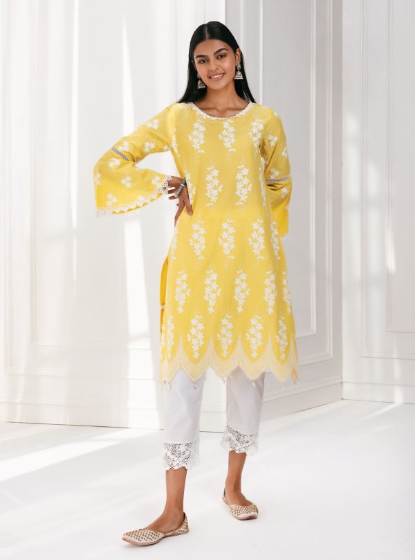 Mulmul Cotton Zuluk Yellow Kurta With Irena White Pant Sale