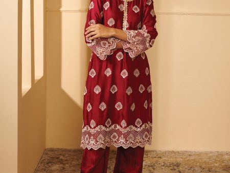 Mulmul Cupro Silk Atya Wine Kurta With Atya Wine Pant For Cheap