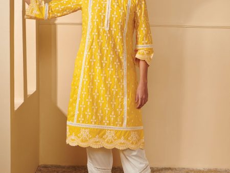 Mulmul Cotton Laiqa Mango Kurta With Mulmul Cotton Diagonal Lace White Pant Fashion