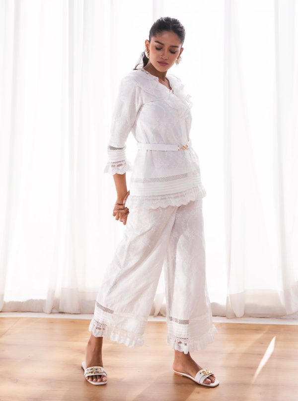 Mulmul Cotton Romily White Top With Romily White Culottes Pant Sale