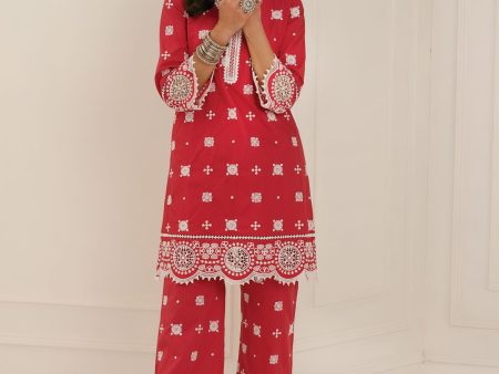 Mulmul Cotton Leh Red Kurta With Leh Red Palazzo For Sale