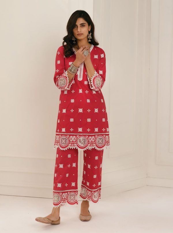 Mulmul Cotton Leh Red Kurta With Leh Red Palazzo For Sale