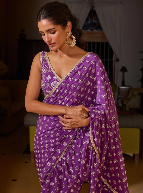 Mulmul Crepe Brahmi Pre-Stitched Purple Saree For Cheap