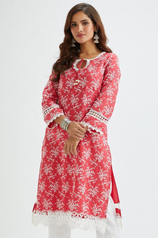 Mulmul Supima Satin Brook Red Kurta With Applique Embroidered Pant Discount