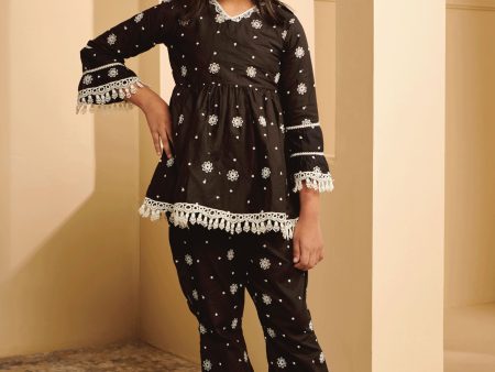 Mulmul Cotton Emme Black Kurta With Emme Black Pyajama For Discount