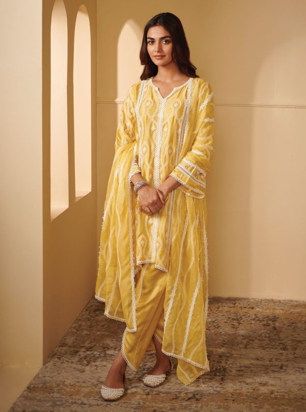 Mulmul Cupro Silk Semya Yellow Kurta With Semya Yellow Dhoti Pant Online