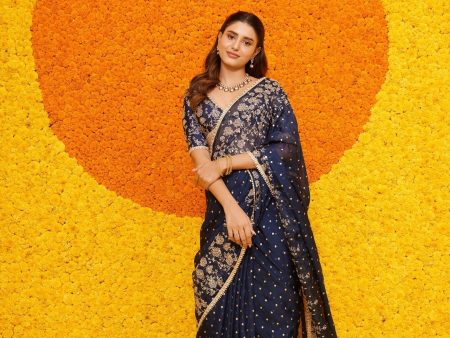 Mulmul Organza Jigar Navy Saree Hot on Sale