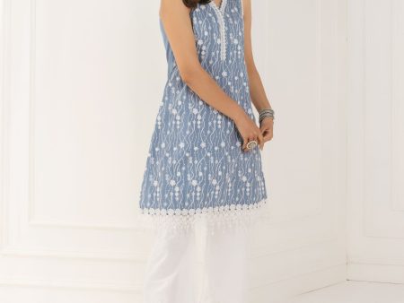 Mulmul Cotton Seoni Blue Kurta With Rylee White Palazzo Online now