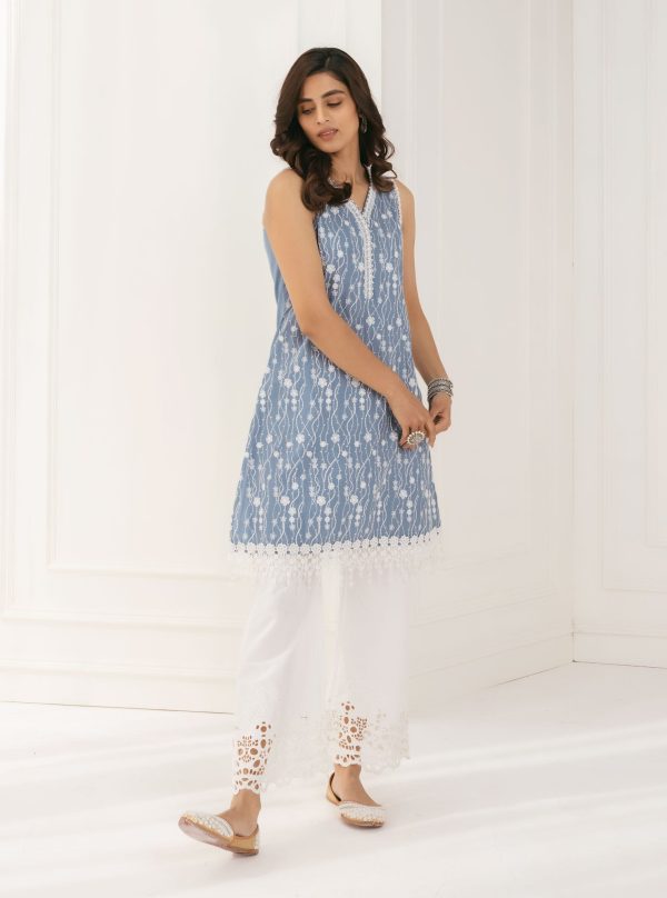 Mulmul Cotton Seoni Blue Kurta With Rylee White Palazzo Online now