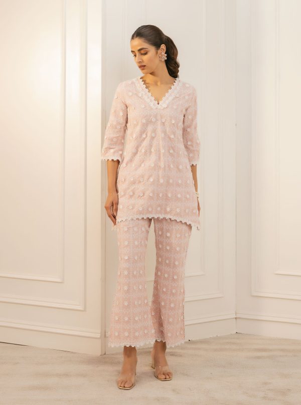 Mulmul Cotton Cove Pink Top With Cove Pink Pant Sale