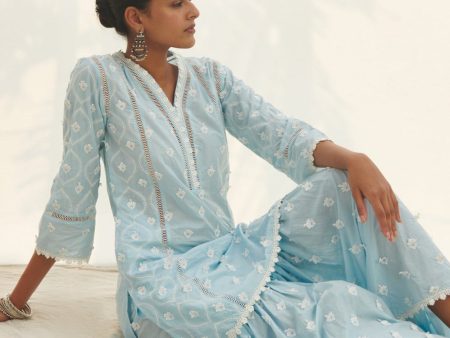 Mulmul Cotton Zarani Blue Kurta With Mulmul Cotton Zarani Blue Garara Online Hot Sale