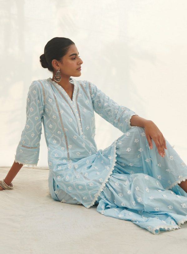 Mulmul Cotton Zarani Blue Kurta With Mulmul Cotton Zarani Blue Garara Online Hot Sale