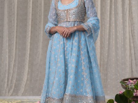 Mulmul Organza Malang Anarkali Blue Kurta With Jacket With Mulmul Pima Malang Blue Churidar Pant Online Sale