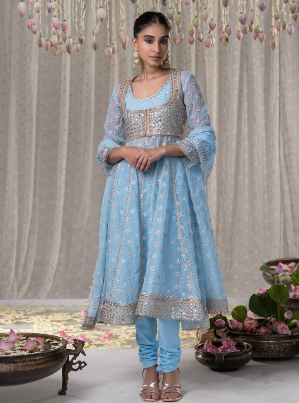 Mulmul Organza Malang Anarkali Blue Kurta With Jacket With Mulmul Pima Malang Blue Churidar Pant Online Sale