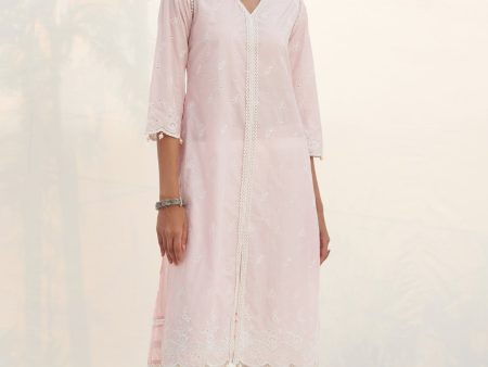 Mulmul Cotton Revora Pink Kurta With Mulmul Cotton Revora White Pant Online now