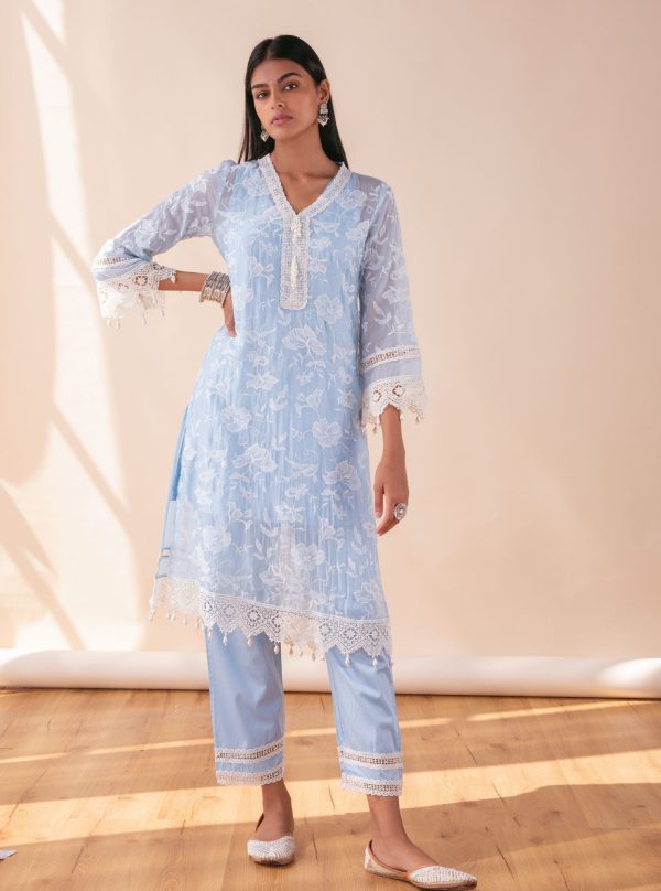 Mulmul Organza Delilah Blue Kurta With Pima Cotton Maisy Blue Pant For Sale