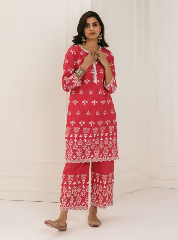 Mulmul Cotton Prini Red Kurta With Prini Red Palazzo on Sale