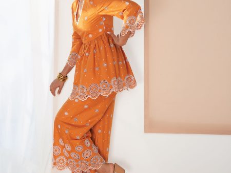 Mulmul Cotton Aurelia Orange Top With Aurelia Orange Bell Bottom Online now