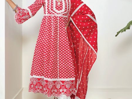 Mulmul Cotton Arris Red Anarkali  Kurta With Diagonal Lace White Pant Supply