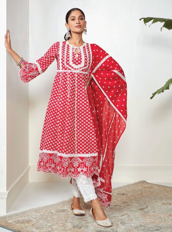 Mulmul Cotton Arris Red Anarkali  Kurta With Diagonal Lace White Pant Supply