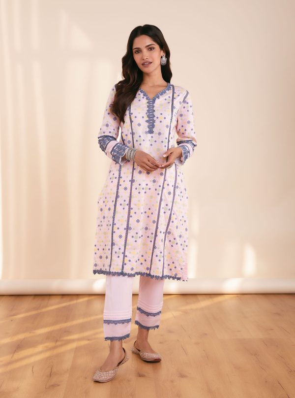 Mulmul Cotton Layla Pink Kurta With Layla Pink Pant For Discount