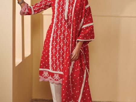 Mulmul Cotton Laiqa Red Kurta With Mulmul Cotton Floral Organza Panelled White Salwar For Discount