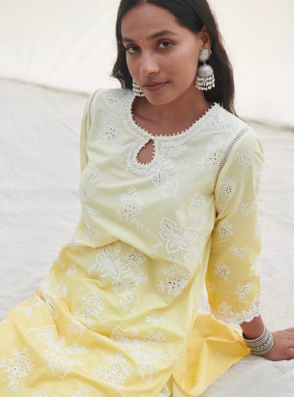 Mulmul Cotton Savri Yellow Kurta With Savri Yellow Dhoti Pant Fashion