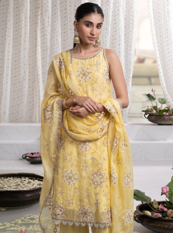 Mulmul Organza Jugni Yellow Kurta With Mulmul Pima Jugni Yellow Pant Hot on Sale