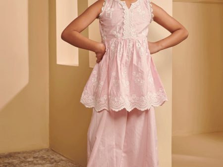 Mulmul Cotton Ming Pink Kurta With Ming Pink Sharara Discount