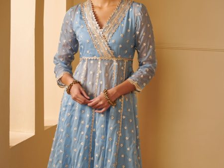 Mulmul Organza Ancita Anarkali Blue Kurta With Mulmul Pima Satin Ancita Blue Pant Online now