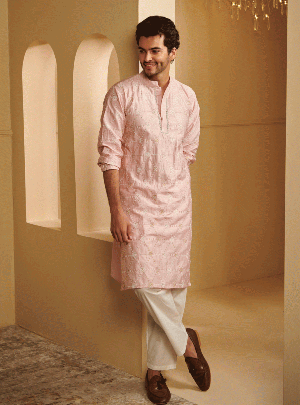 Mulmul Pima Satin Vara Pink Kurta With Mulmul Cotton Vara White Pyajama Fashion