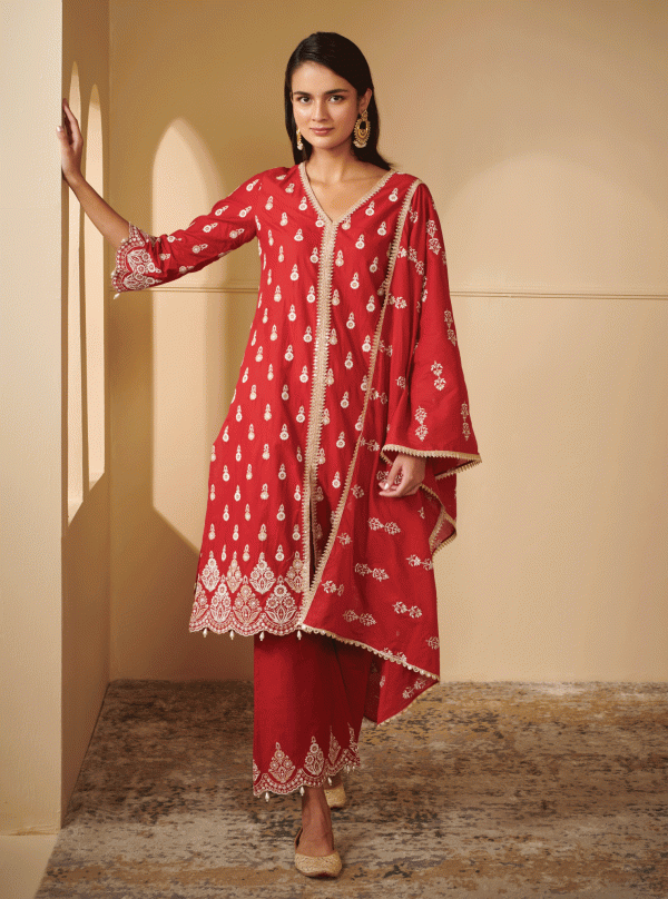 Mulmul Cotton Ahar Red Kurta With Ahar Red Pant on Sale