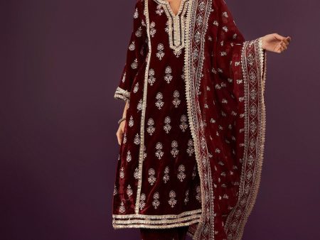 Mulmul Velvet Kumani Wine Kurta With Mulmul Velvet Kumani Wine Pant Sale