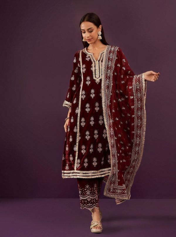 Mulmul Velvet Kumani Wine Kurta With Mulmul Velvet Kumani Wine Pant Sale