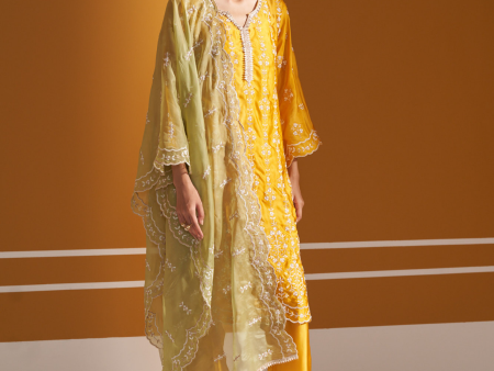 Mulmul Cupro Satin Tasanee Yellow Kurta With Mulmul Cupro Satin Tasanee Yellow Pant Cheap