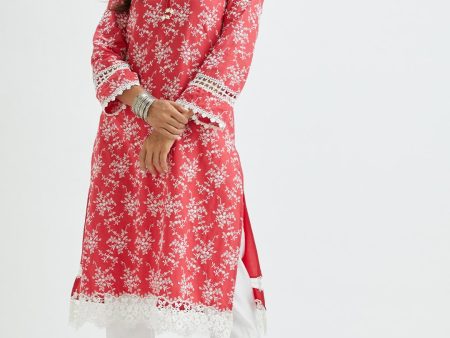 Mulmul Supima Satin Brook Red Kurta With Applique Embroidered Pant Discount