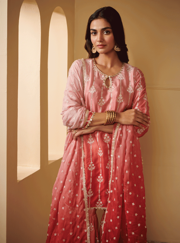 Mulmul Cupro Silk Nurvi Pink Kurta With Nurvi Pink Garara Hot on Sale